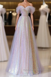 Fantasy Purple Bling Sequined Semi Formal Prom Dress Off Shoulder